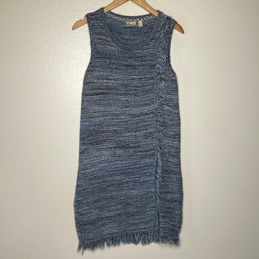 Anthropologie Crazy Horses Asymmetrical Fringe Sweater Dress sz XS Blue/Black‎